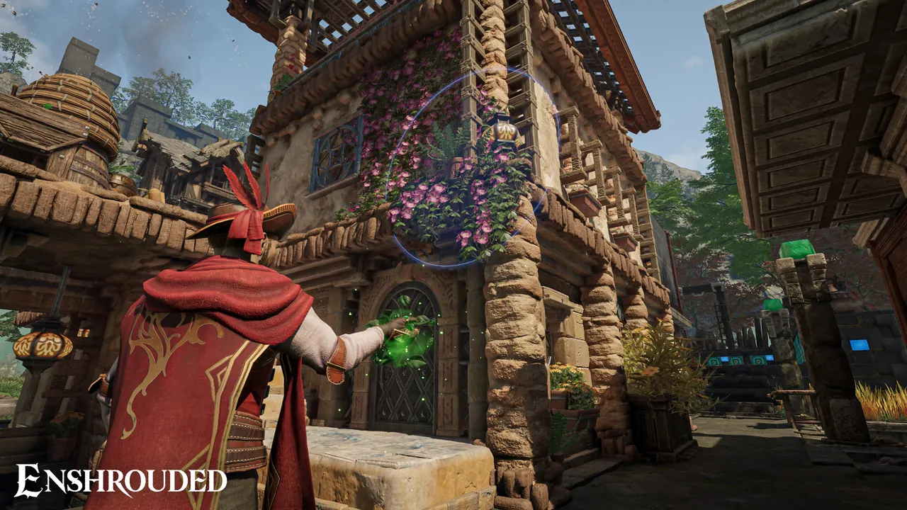 Red cloaked mage casting a green spell outside a village house