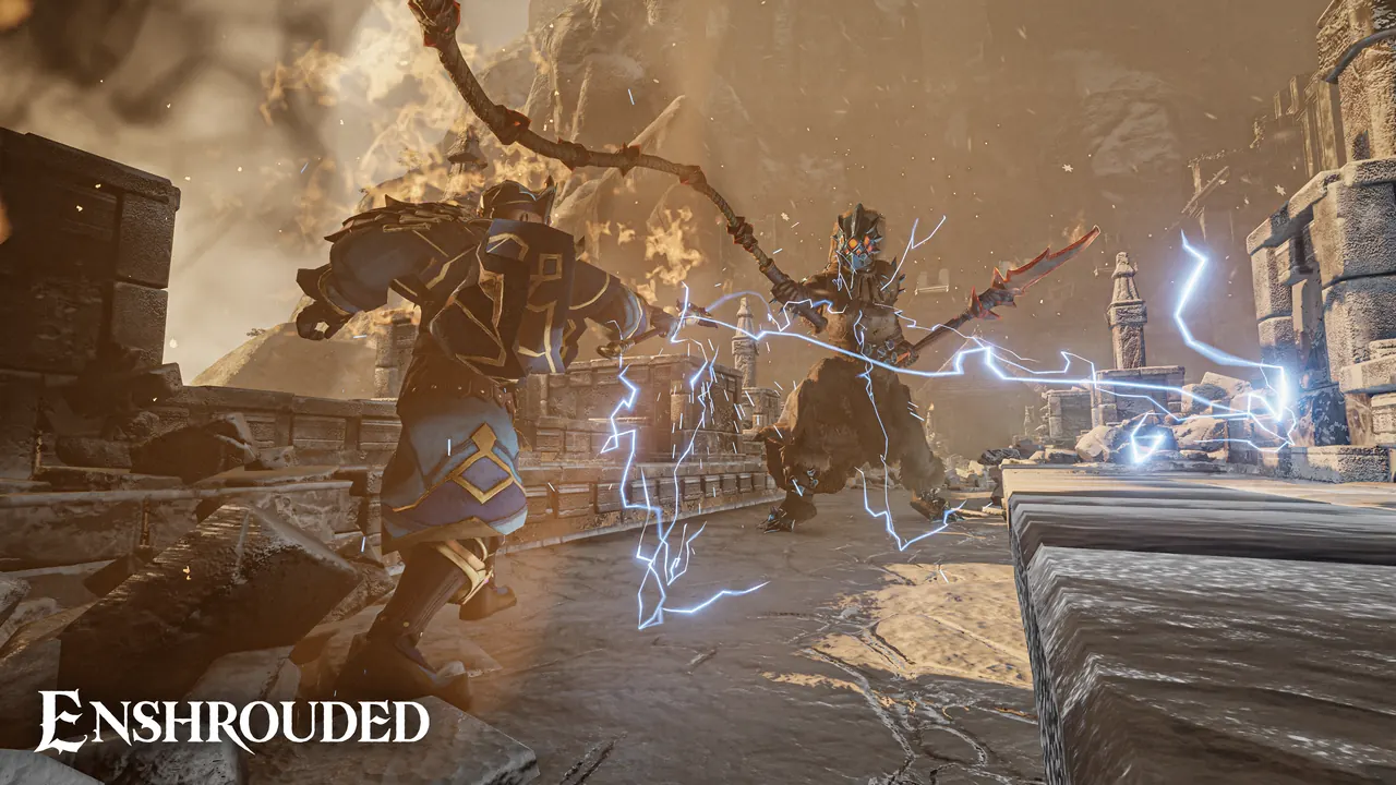 Warrior trading blows with a horned enemy in a stone arena