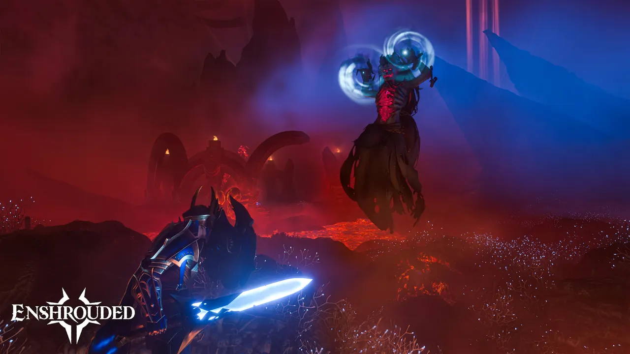 Flameborn warrior facing a massive winged boss in a mountain arena
