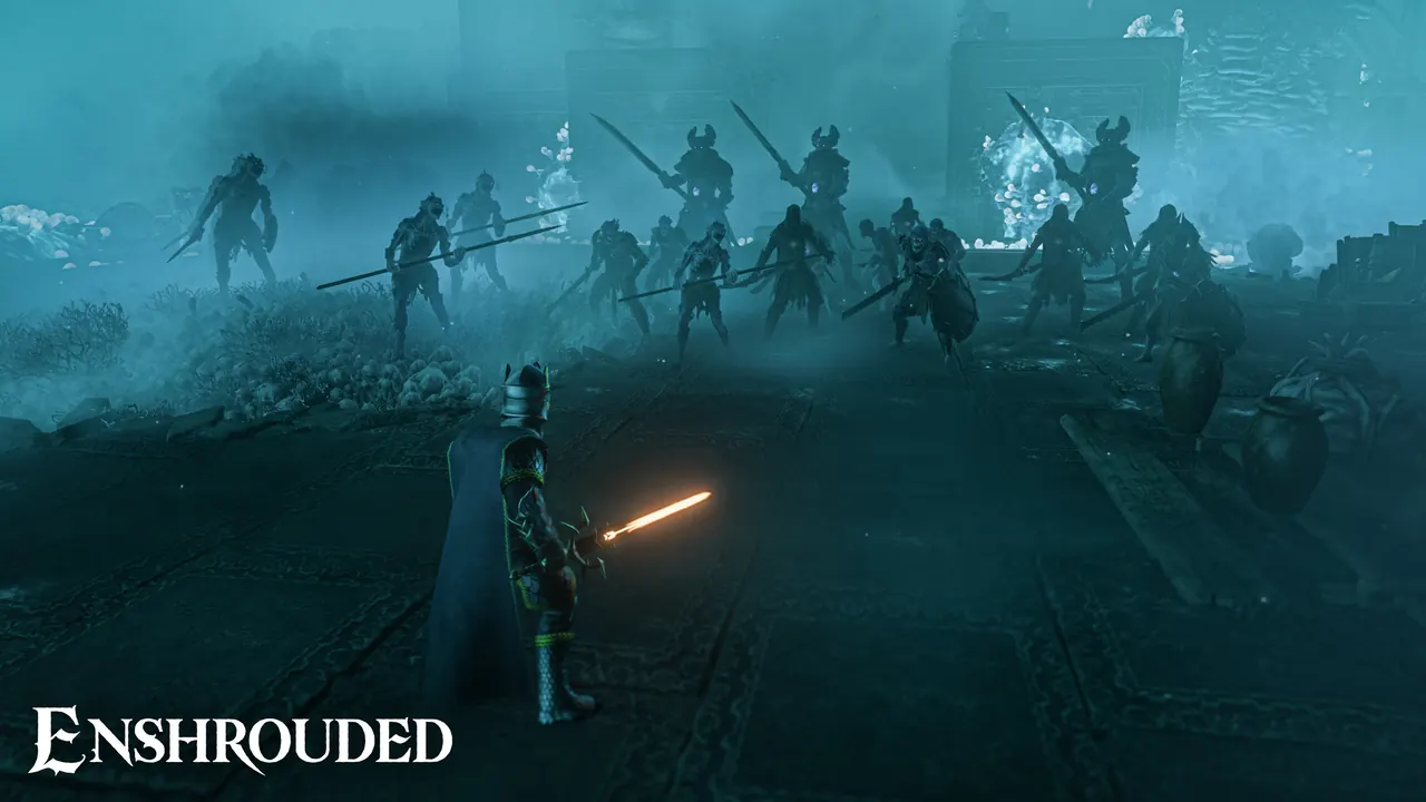 A party of players standing together in the Enshrouded wilderness