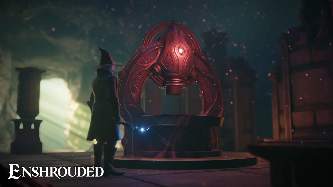 Flameborn activating a glowing crimson altar in a cave