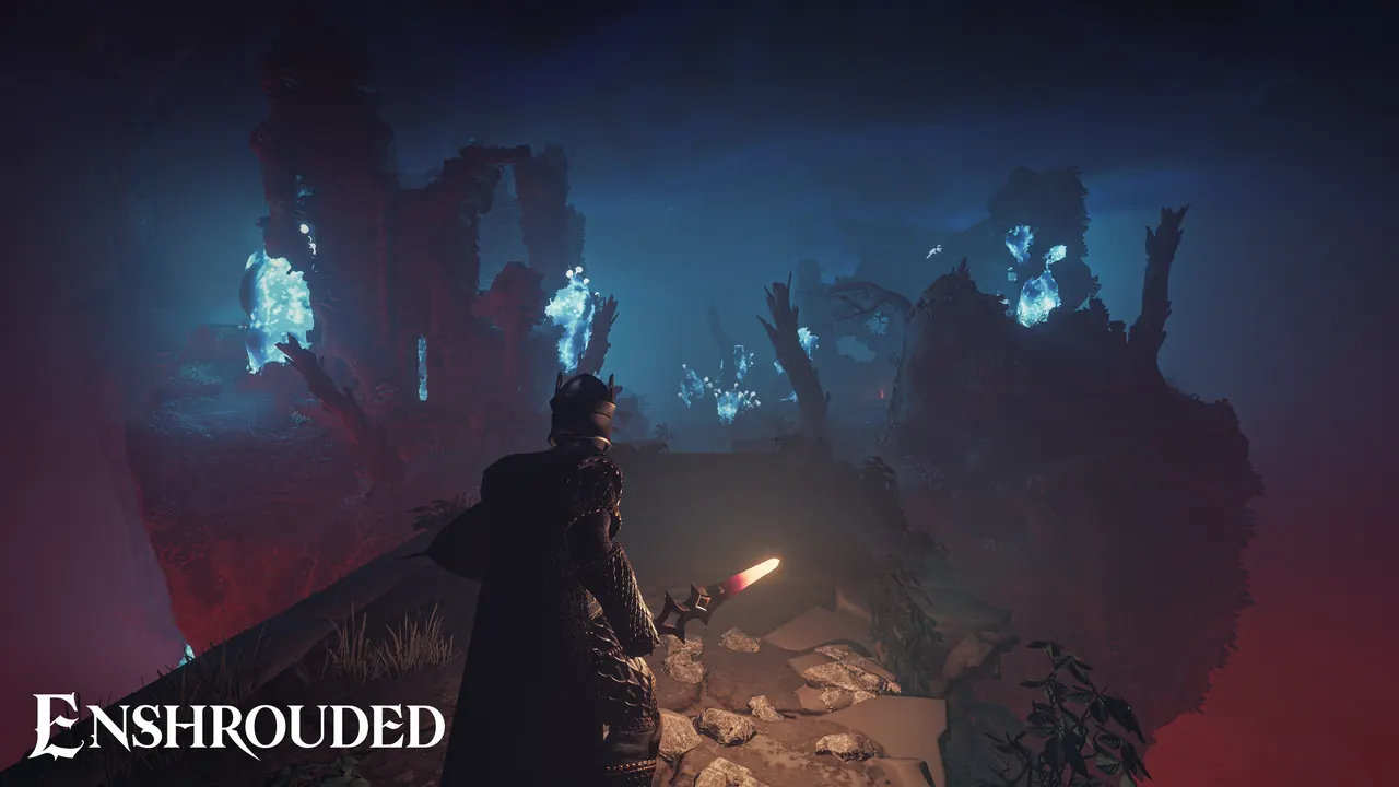 Flameborn holding a torch inside deep blue Shroud fog